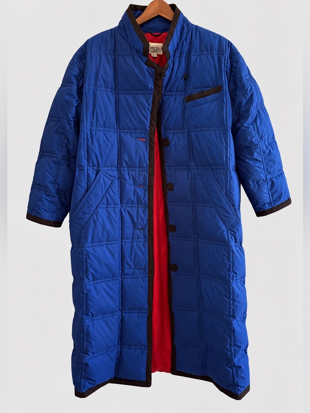Vintage Bill Blass Blue & Red Goose Down Long Puffer Coat Sz 4